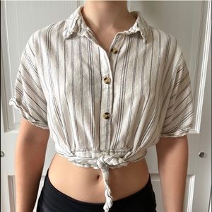 Zara White Gray Striped Tie Waist V-Neck Button Up Crop Top